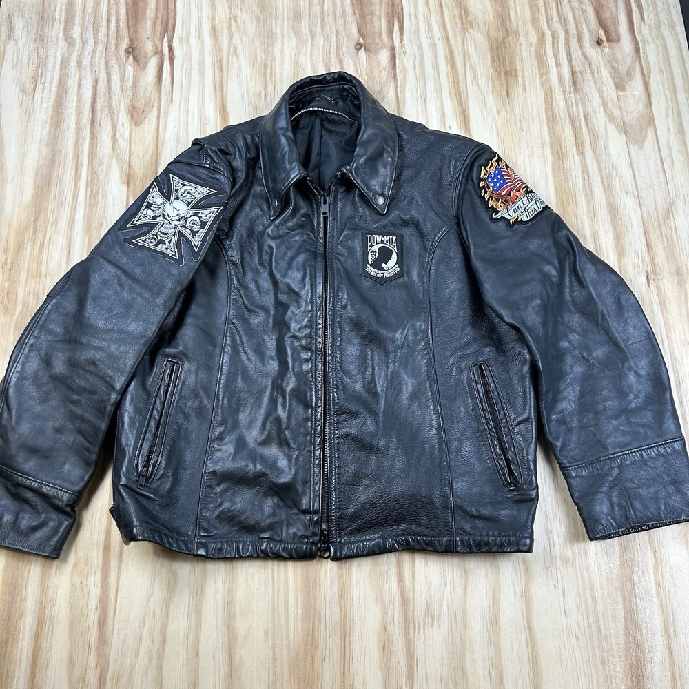 POW Leather Motorcycle Riding Jacket Paulines Crew Size 50 Patches Skulls